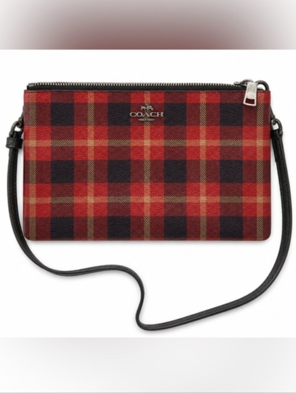 Coach Red Black Plaid Tartan Crossbody Wristlet Zip- NWOT